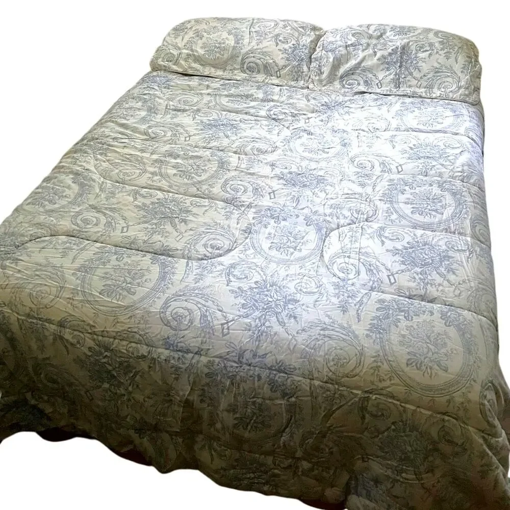 Vintage French country Toile‎ Cream Blue Queen Quilt Comforter Bedspread 2 Shams
